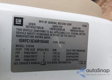 2009 Chevrolet Tahoe Ls z USA, uszkodzony, nr VIN 1GNFC13C49R166440